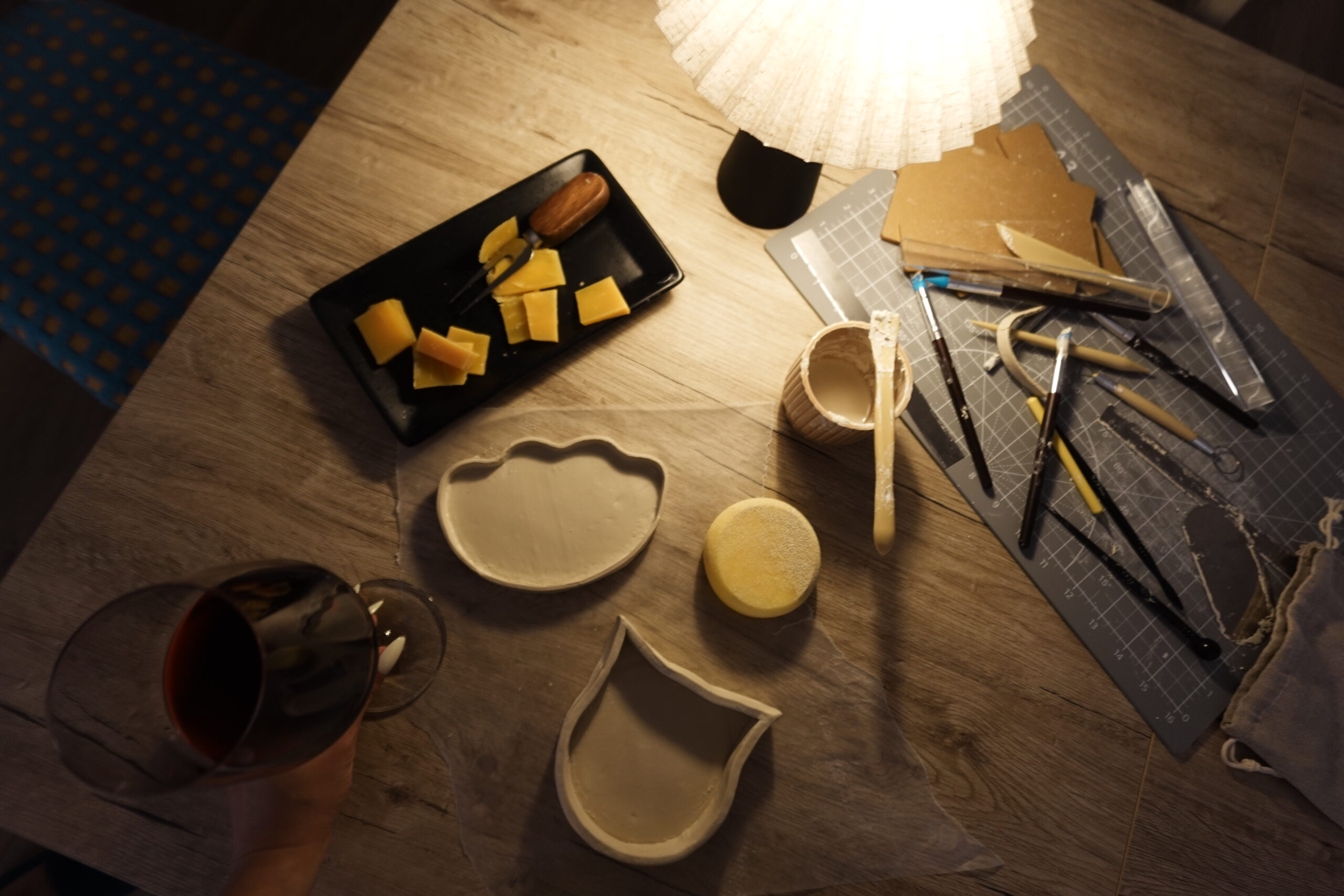 air dry clay date night wine and homemade cat trinket trays