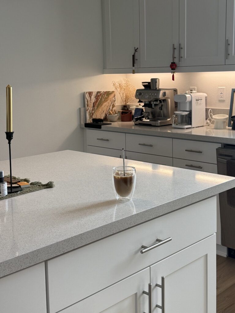 before kitchen cabinet hardware swap builder grade silver pulls