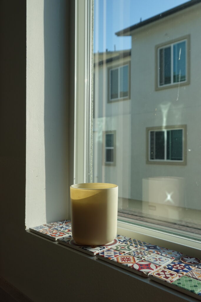 white window sill with Spanish tiles