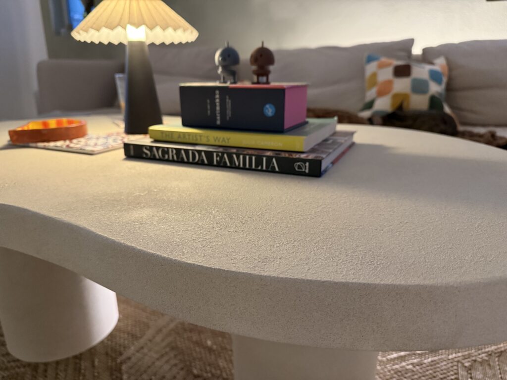 faux stone spray paint coffee table close up texture