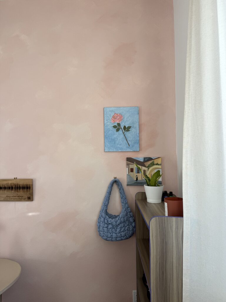 pink limewash wall in a desert rose office accent wall